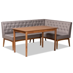Baxton Studio Riordan Mid-Century Modern Grey Fabric Upholstered and Walnut Brown Finished Wood 3-Piece Dining Nook Set